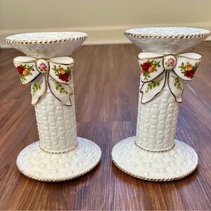 Pair of Royal Albert Old Country Roses 7  1/4" Basketweave Candlestick Holder